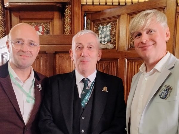 Sir Lindsay Hoyle with the co-founders of Pride Wide Scott Nunn and Tris Reid-Smith.